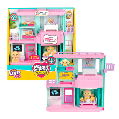 Little Live Pets Mama Surprise Families Baby Care Clinic Playset, Magically Reveal 3 Retriever Puppies, 2-Sided Playset (27.8cm/10.9in Wide, 23.8cm/9.3in High). Feed, Bathe, & Play, Fun Gift for Kids