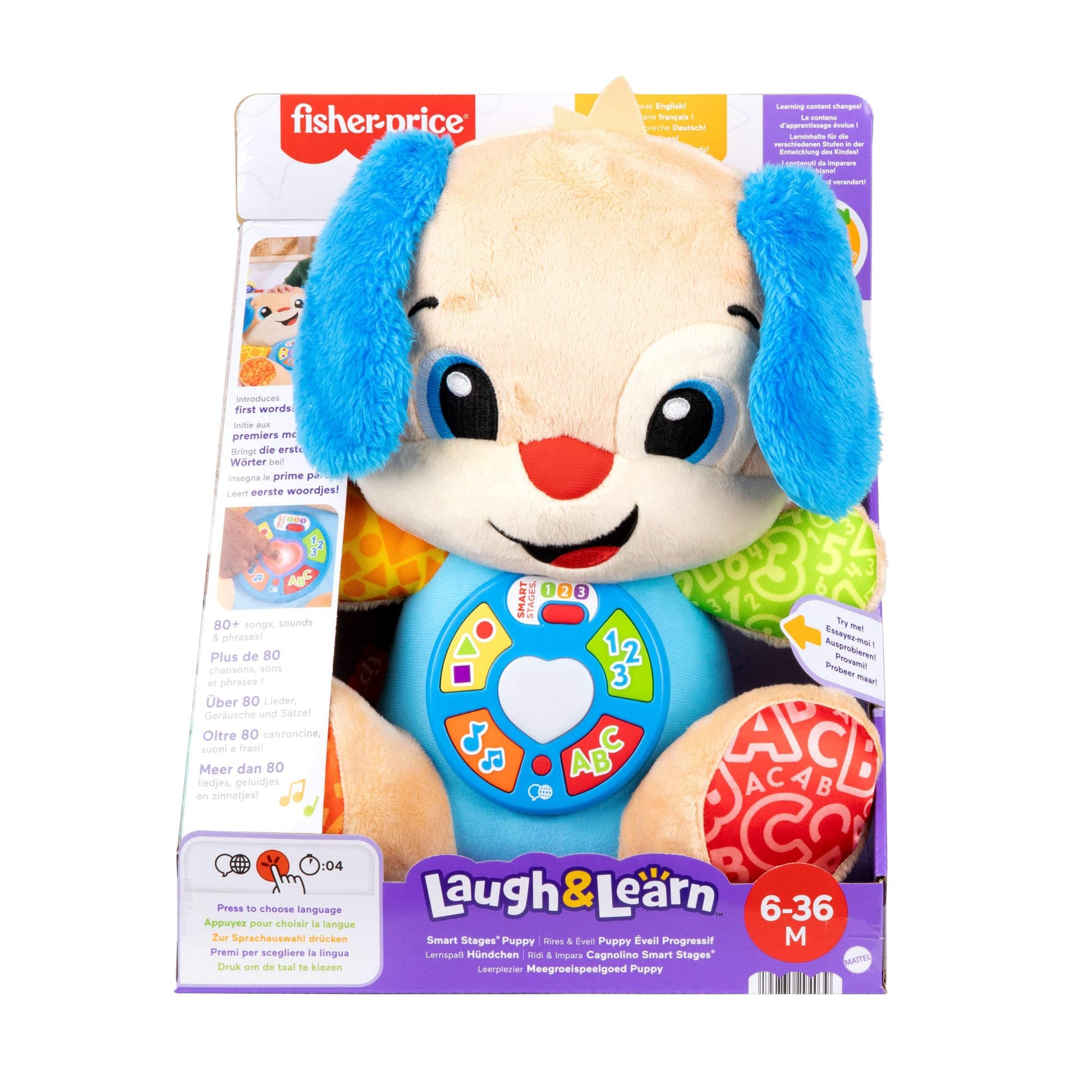 Fisher-Price Laugh & Learn Smart Stages Puppy plush toy with musical features for infants 6+ months, multilingual version in Dutch, English.