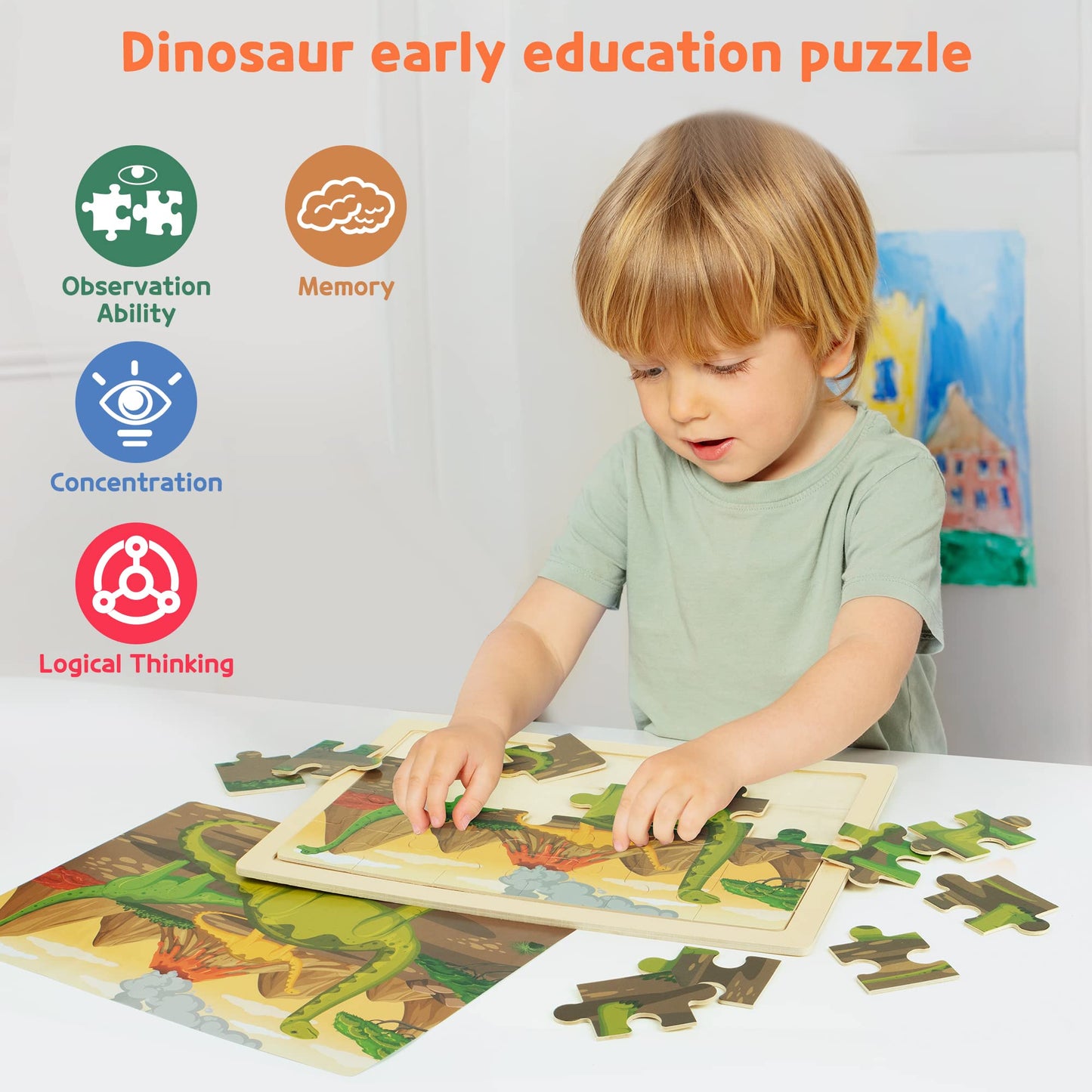 SYNARRY Wooden Dinosaur Jigsaw Puzzles for Kids Ages 3 4 5 6, 4 Packs 24 Piece Dino Puzzles, Preschool Educational Games Gifts for Children, Dinosaur Toys for 3 4 5 6 Year Old Boys Girls