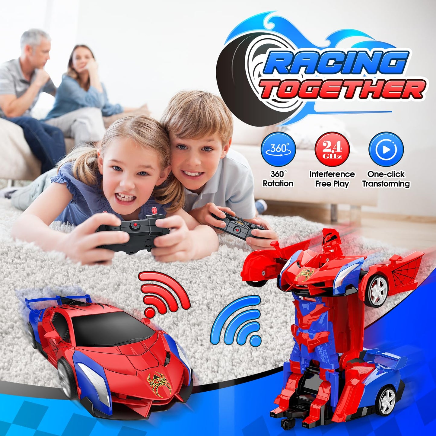 Braxel transforming remote control car for kids, 2.4GHz robot vehicle with 360° rotation, suitable for boys and girls ages 3-12.
