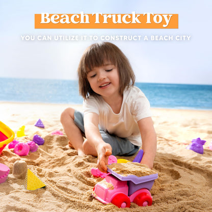 Sloosh Beach Sand Toys Set 24Pcs - Pink Dump Truck Car Toy with Sand Molds, Collapsible Buckets Mesh Bag Shovels Castle Ice Cream Mold for Ages Kids Toddlers Sandbox Toys Gifts Travel Vacation (Foods)