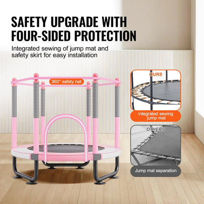 VEVOR 60" Kids Trampoline, 5FT Indoor Outdoor Trampoline, Mini Toddler Recreational Trampolinewith Safety Enclosure Net and Basketball Hoop, Birthday Gifts Christmas Toys for 3+ Years Children, Pink