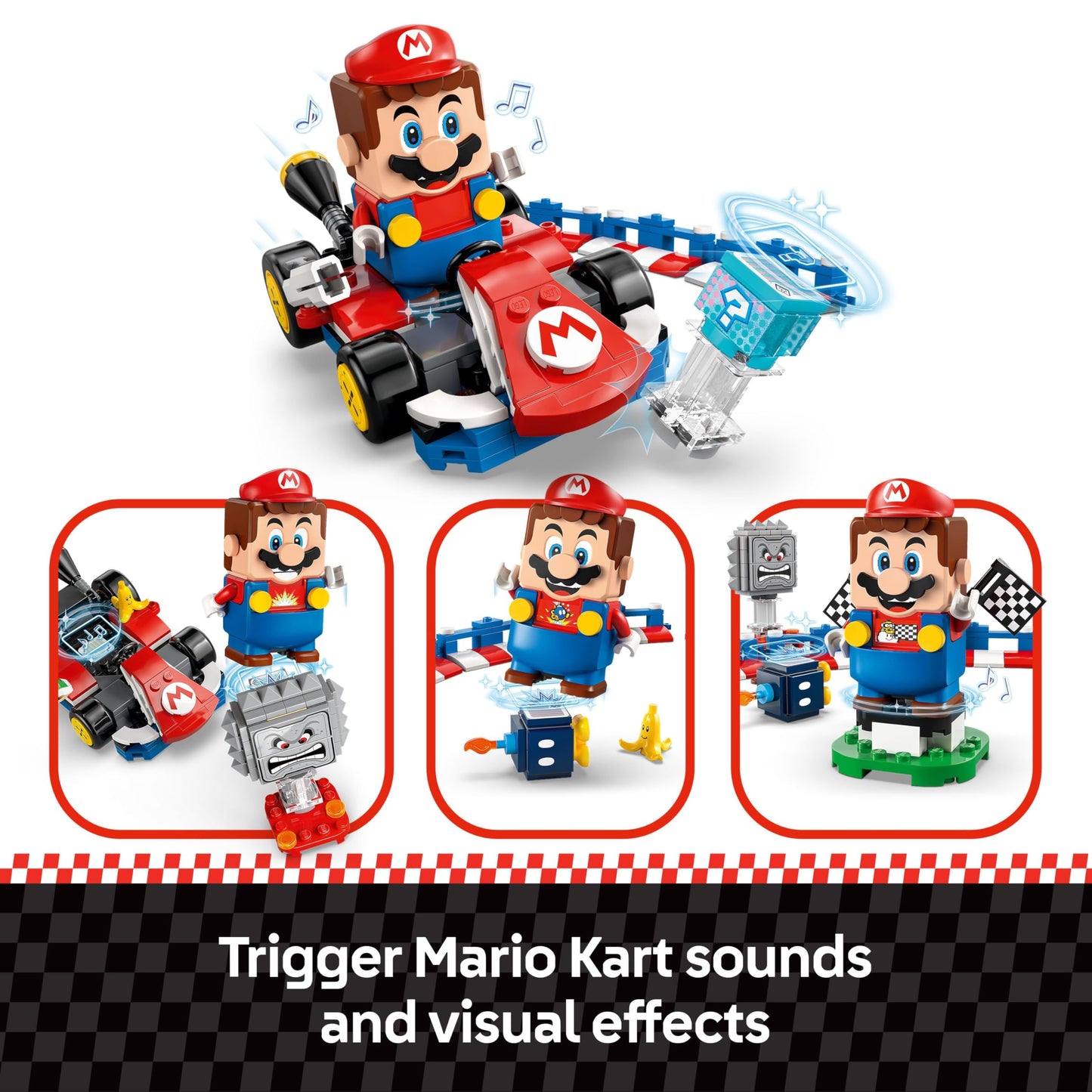 LEGO Mario Kart set featuring interactive Mario, standard kart, race course with figures, podium, barriers, and accessories for kids.