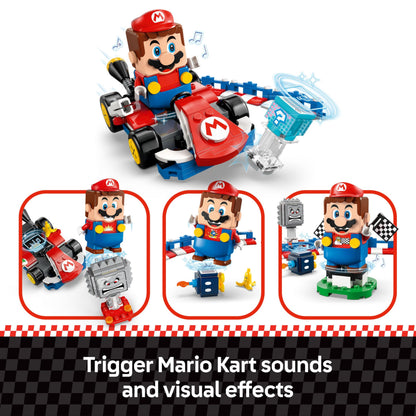 LEGO Mario Kart set featuring interactive Mario, standard kart, race course with figures, podium, barriers, and accessories for kids.