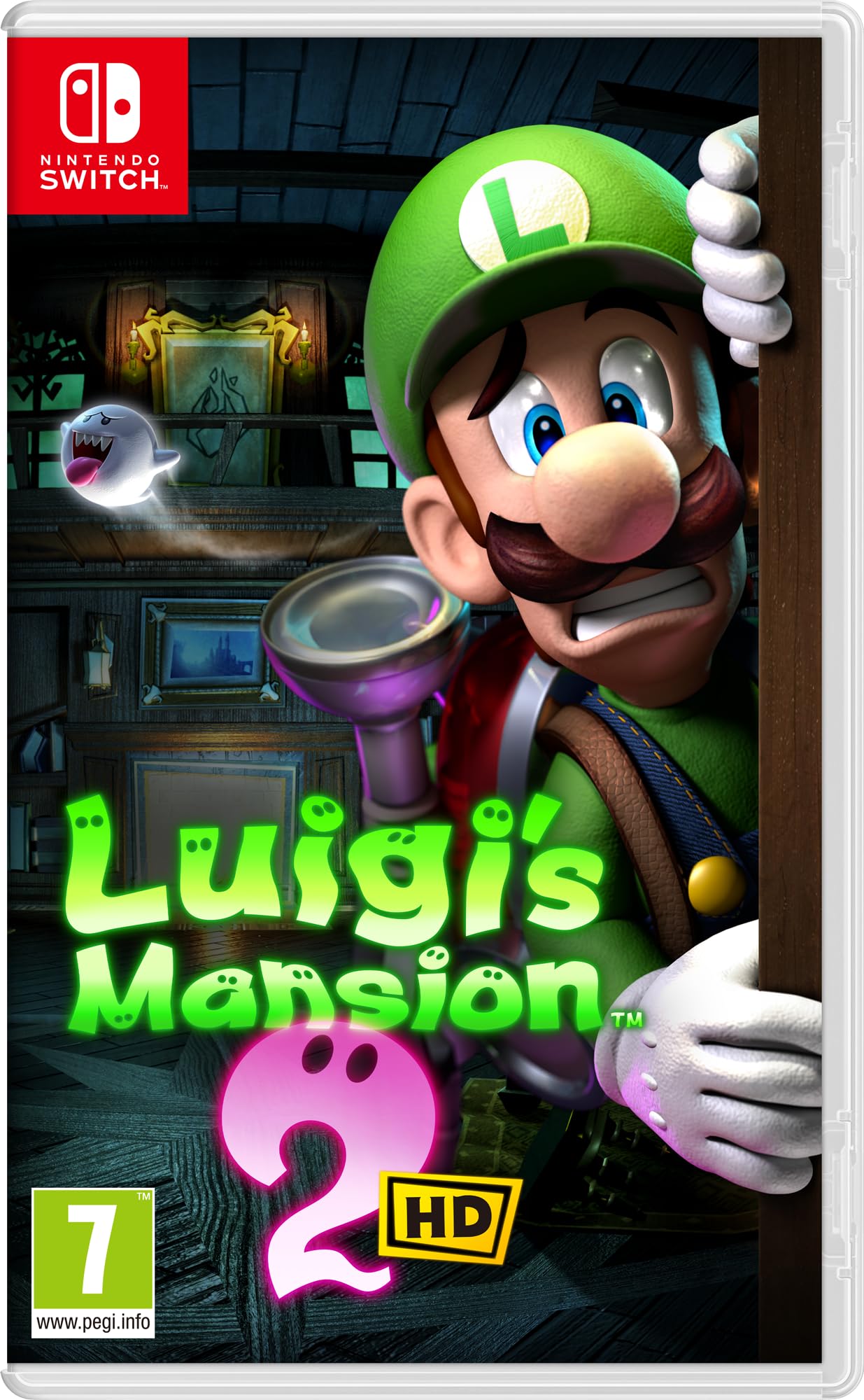 Nintendo Luigi's Mansion 2 HD game cartridge with cover art and game title displayed on the packaging.