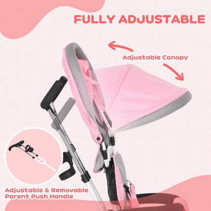 HOMCOM 6 in 1 Trike, Kids Tricycle, Pedal Push Bike w/Parent Handle, Removable Canopy, 5-Point Safety Belt, Storage, Footrest, Brake, for 1-5 Years Toddler, Pink
