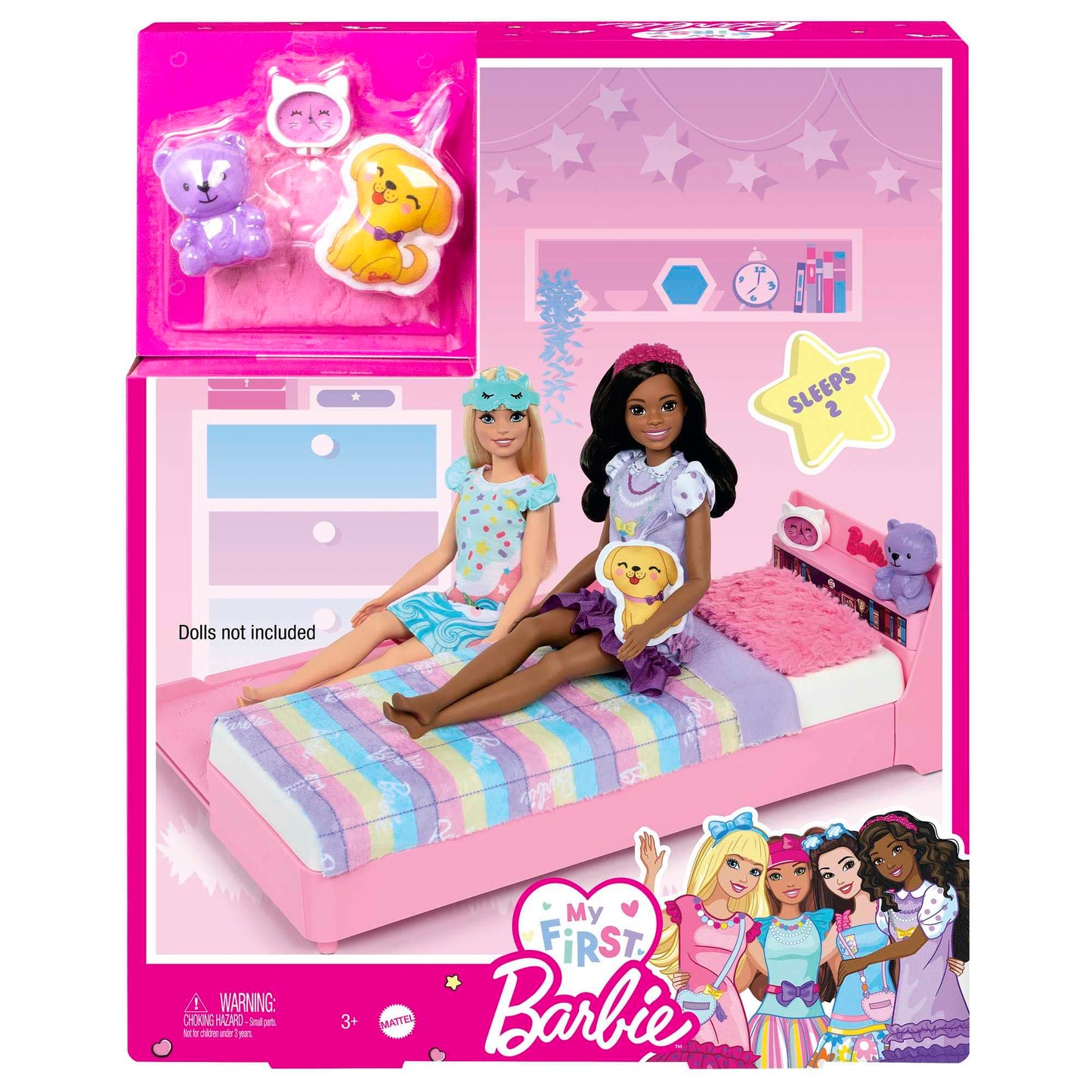 Barbie Bedtime Playset featuring trundle bed, plush puppy, and accessories for preschoolers aged 3 and up.