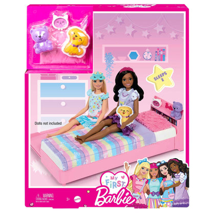Barbie Bedtime Playset featuring trundle bed, plush puppy, and accessories for preschoolers aged 3 and up.