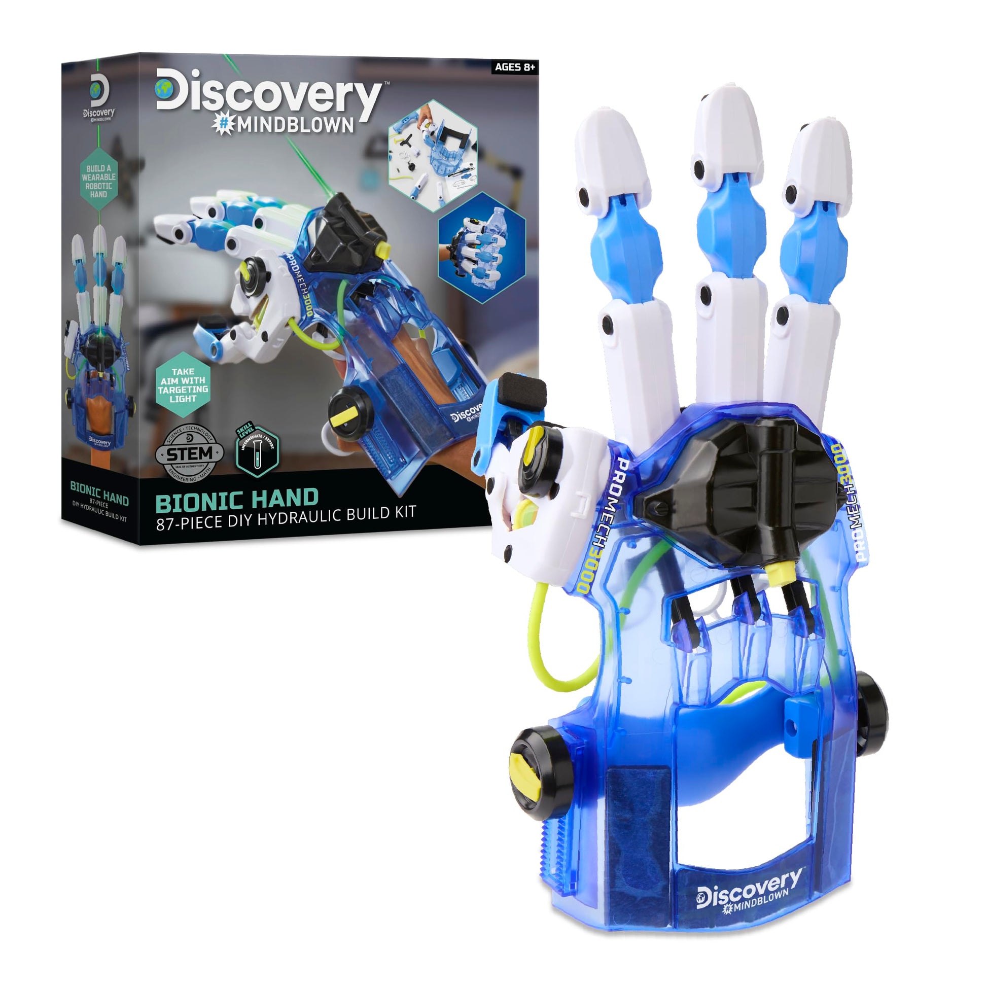 DISCOVERY #MINDBLOWN DIY Bionic Hand robotics kit showing a partially assembled hydraulic cyborg hand with 87 pieces for kids and teens.