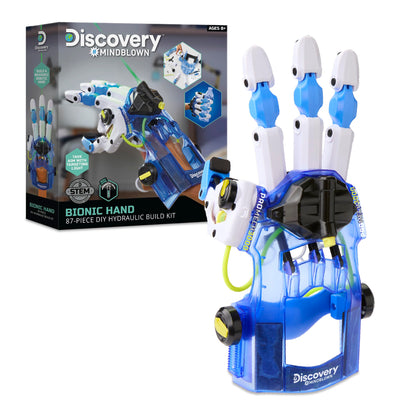 DISCOVERY #MINDBLOWN DIY Bionic Hand robotics kit showing a partially assembled hydraulic cyborg hand with 87 pieces for kids and teens.