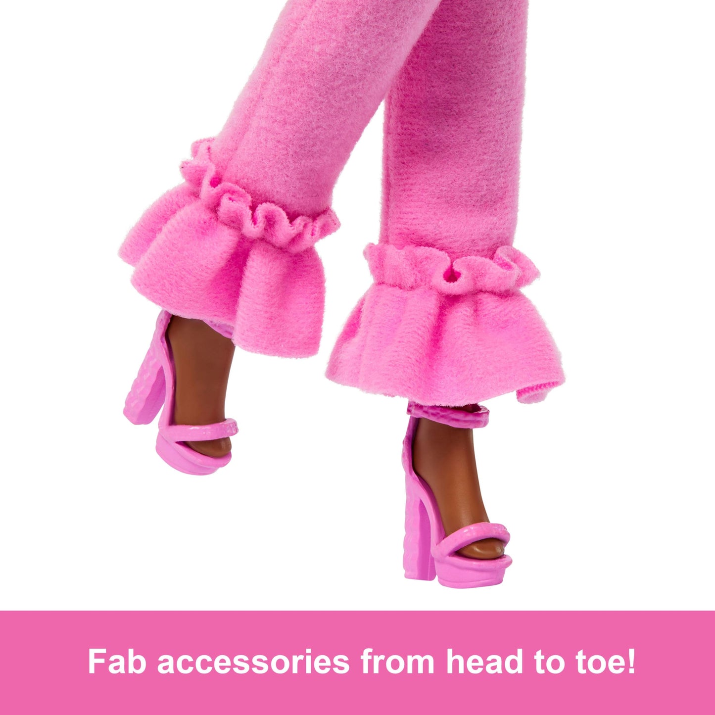 Barbie Deluxe Style Doll #4 in pink and brown braids, wearing a soft pink top and pant set with furry collar and accessories.