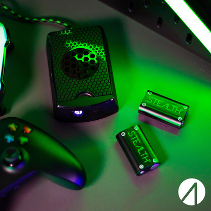 STEALTH SX-C10 X Twin rechargeable battery packs for Xbox Series X, shown connected and ready for gaming.