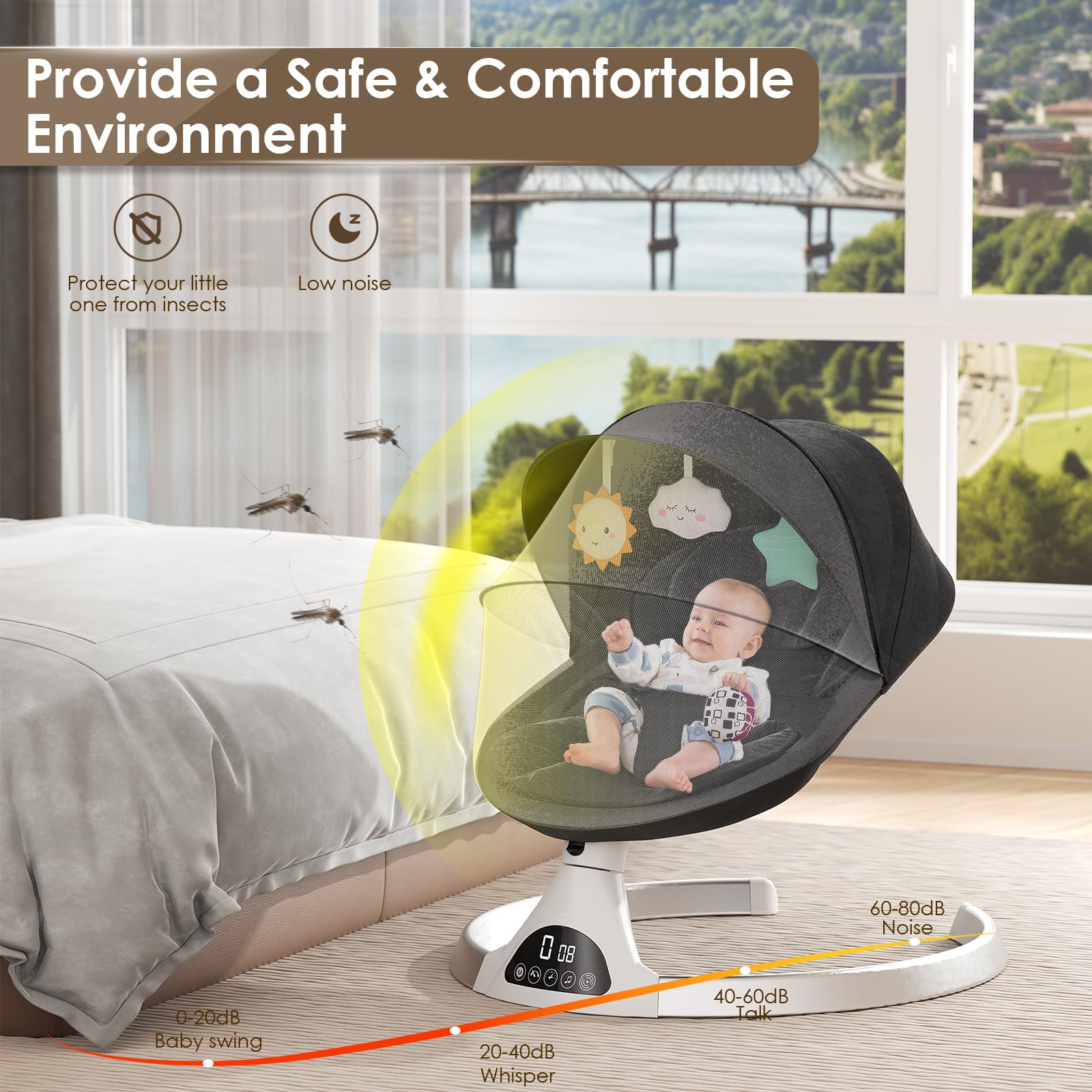 Ixdregan electric baby bouncer chair with soft padding, Bluetooth remote, 5 swing speeds, 3 timer options, and preset lullabies.