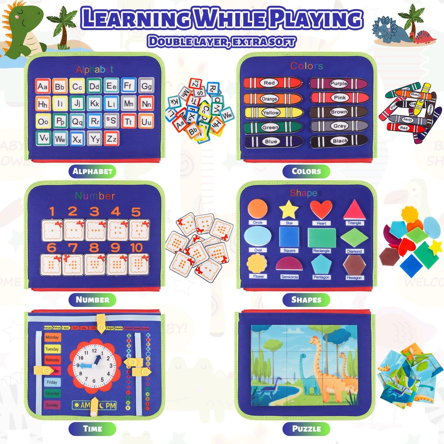Lanjue Busy Board Sensory Toys for Babies, 22 in 1 Toddlers Activity Educational Learning Fine Motor Skills Preschool Montessori Toddler Travel 1+ Year Old Girls Boys (Dinosaur), Medium (LM-0756)
