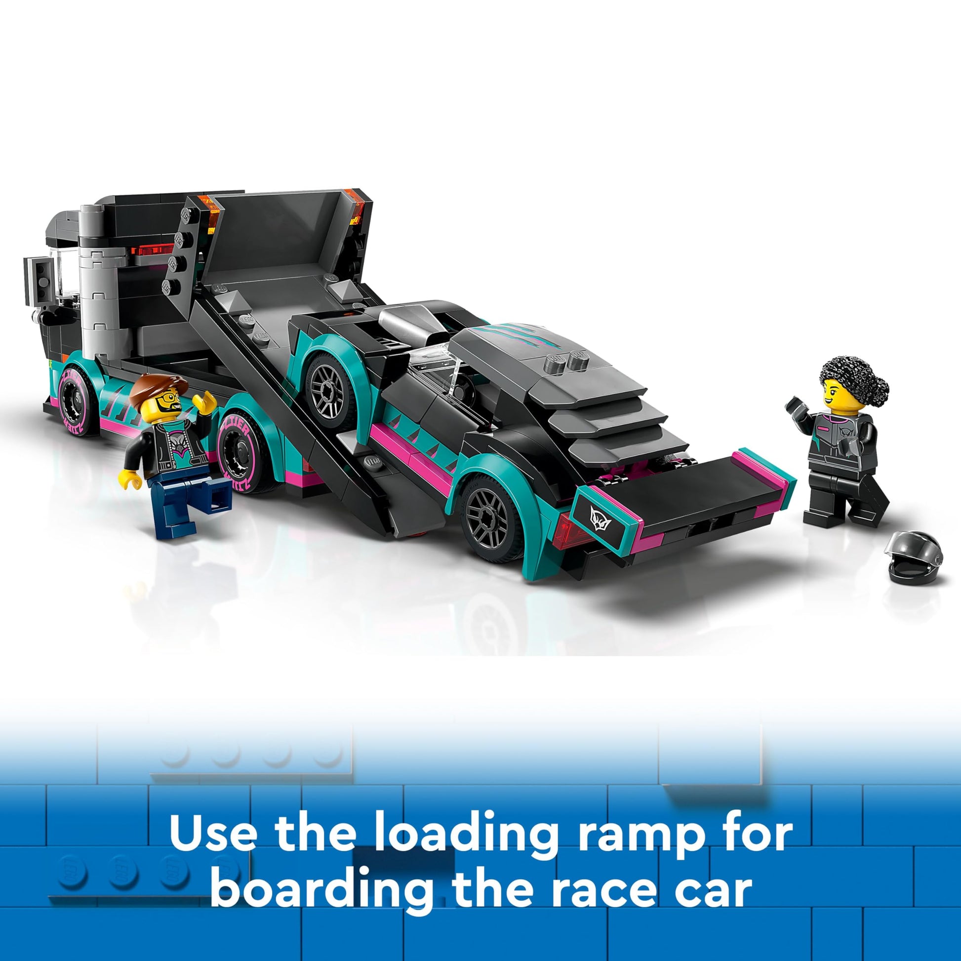 LEGO City race car and car carrier truck set with adjustable ramp, racer, and driver minifigures for kids 6+.