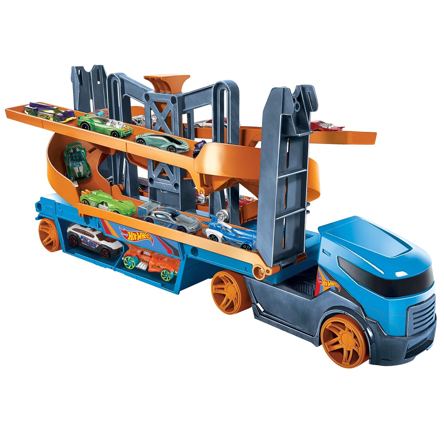 Hot Wheels City Lift & Launch Hauler Vehicle with Storage for Up to 20 1:64 Cars, Lift and Launch Feature and 1 Hot Wheels Car, for 3 Year Olds and Up