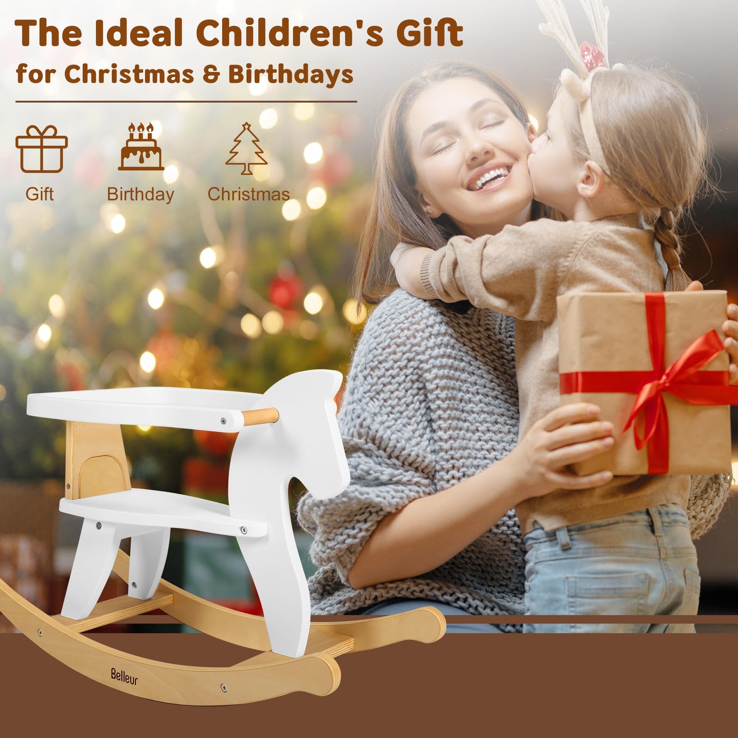 Belleur wooden rocking horse for toddlers aged 1-3, with removable fence, suitable for indoor and outdoor play.