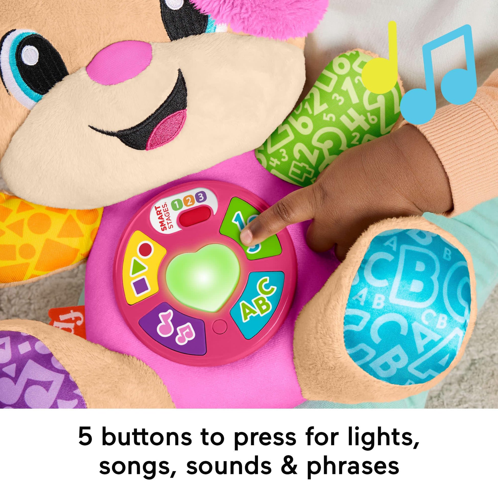 Fisher-Price Laugh & Learn Smart Stages pink plush baby toy with musical features and multilingual buttons for infants 6+ months.