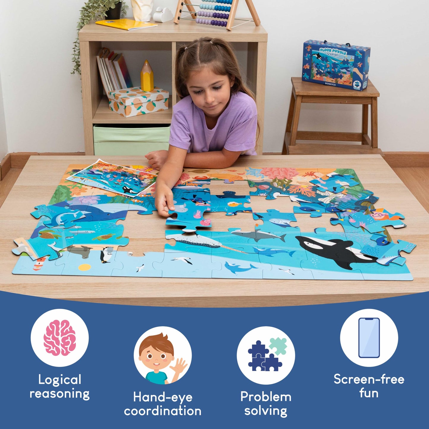 BONNYCO Giant Floor Puzzle of Ocean Animals with 48 Large Pieces. Jigsaw Puzzles for Kids 36.2 x 24.4 in, Gifts for Boys and Girls, Educational Toys Ages 2-8