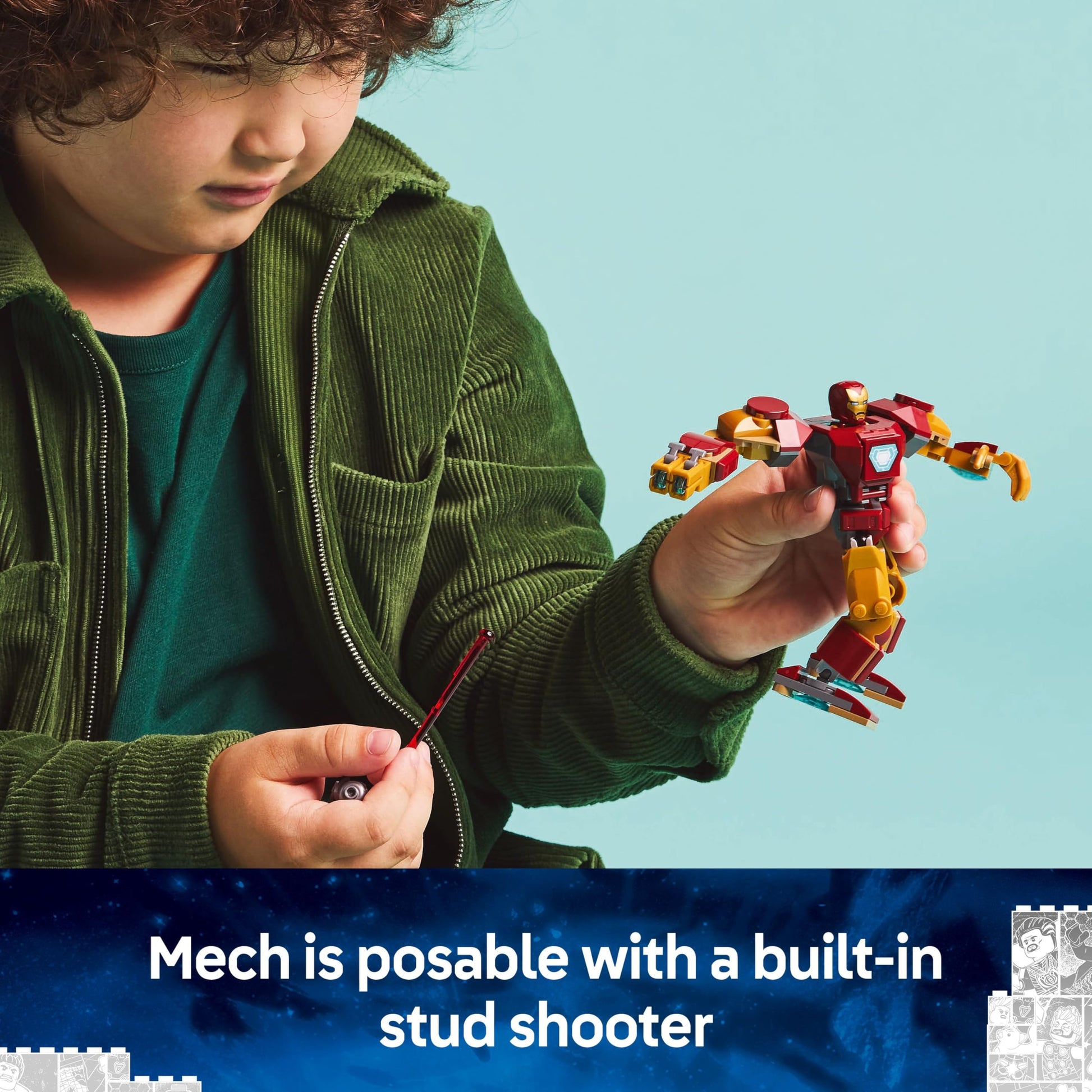LEGO Marvel Iron Man Mech and Ultron with 2 minifigures in a colorful buildable superhero toy set for ages 6+.