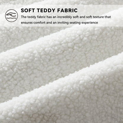 DEKKETO white teddy rocking chair with headrest, footrest, side pocket, designed for nursing, breastfeeding, and adult comfort.