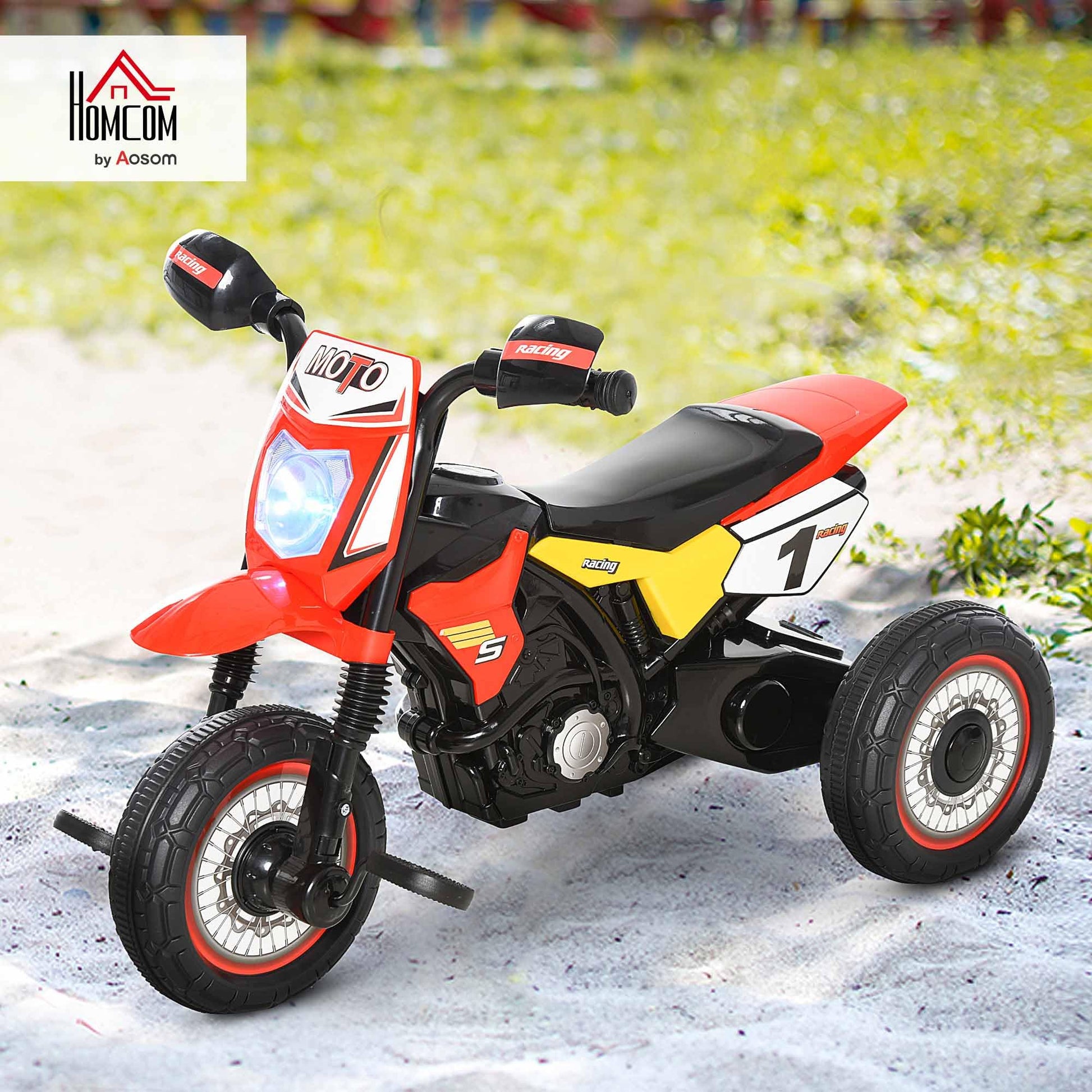 HOMCOM red tricycle for toddlers, featuring music, lights, and stickers, designed for boys and girls aged 18-36 months.