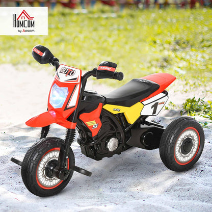 HOMCOM red tricycle for toddlers, featuring music, lights, and stickers, designed for boys and girls aged 18-36 months.