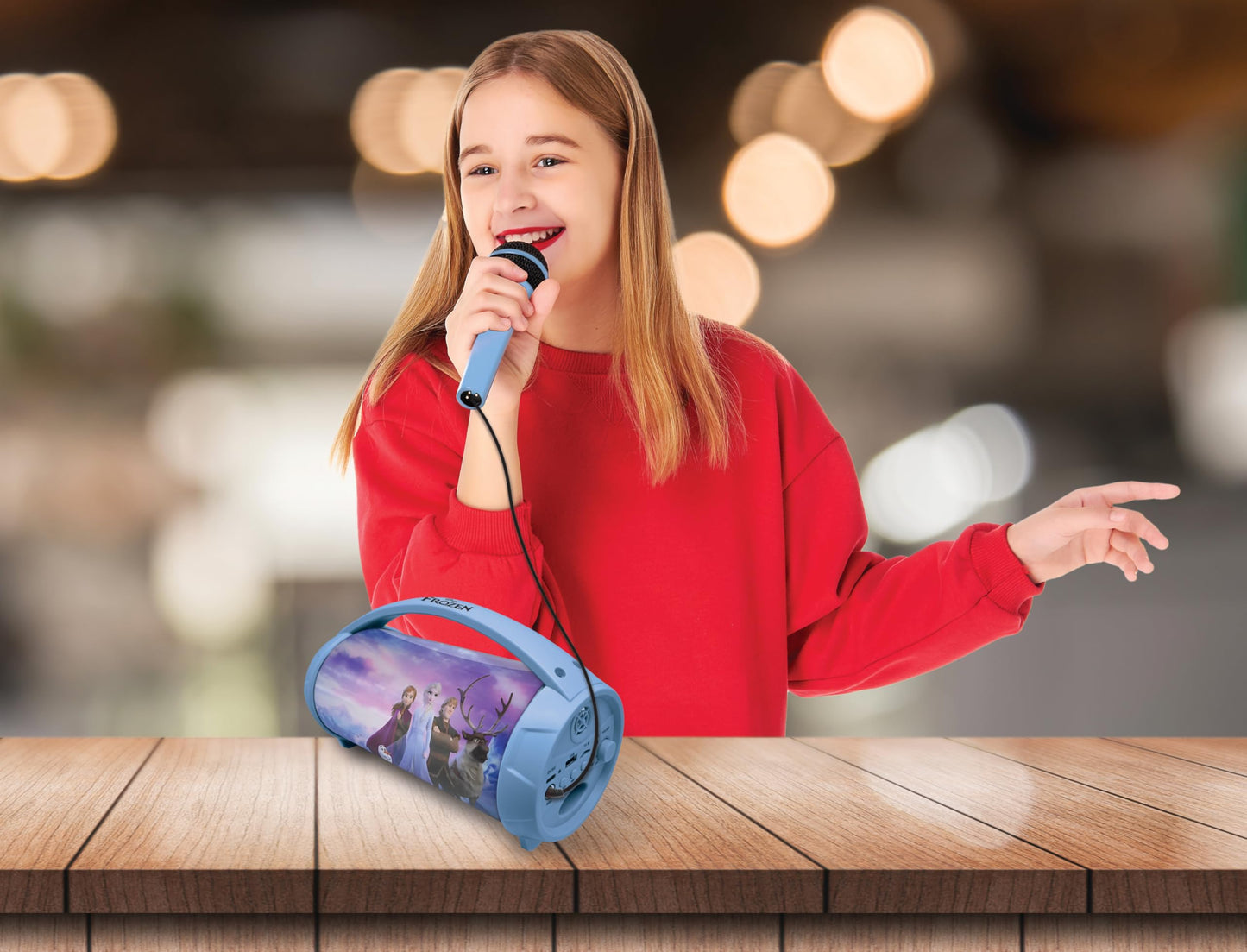 Lexibook Frozen wireless light speaker with microphone, stereo sound, karaoke, USB/SD ports, rechargeable battery, blue and purple colors.