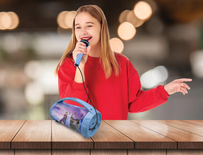 Lexibook Frozen wireless light speaker with microphone, stereo sound, karaoke, USB/SD ports, rechargeable battery, blue and purple colors.