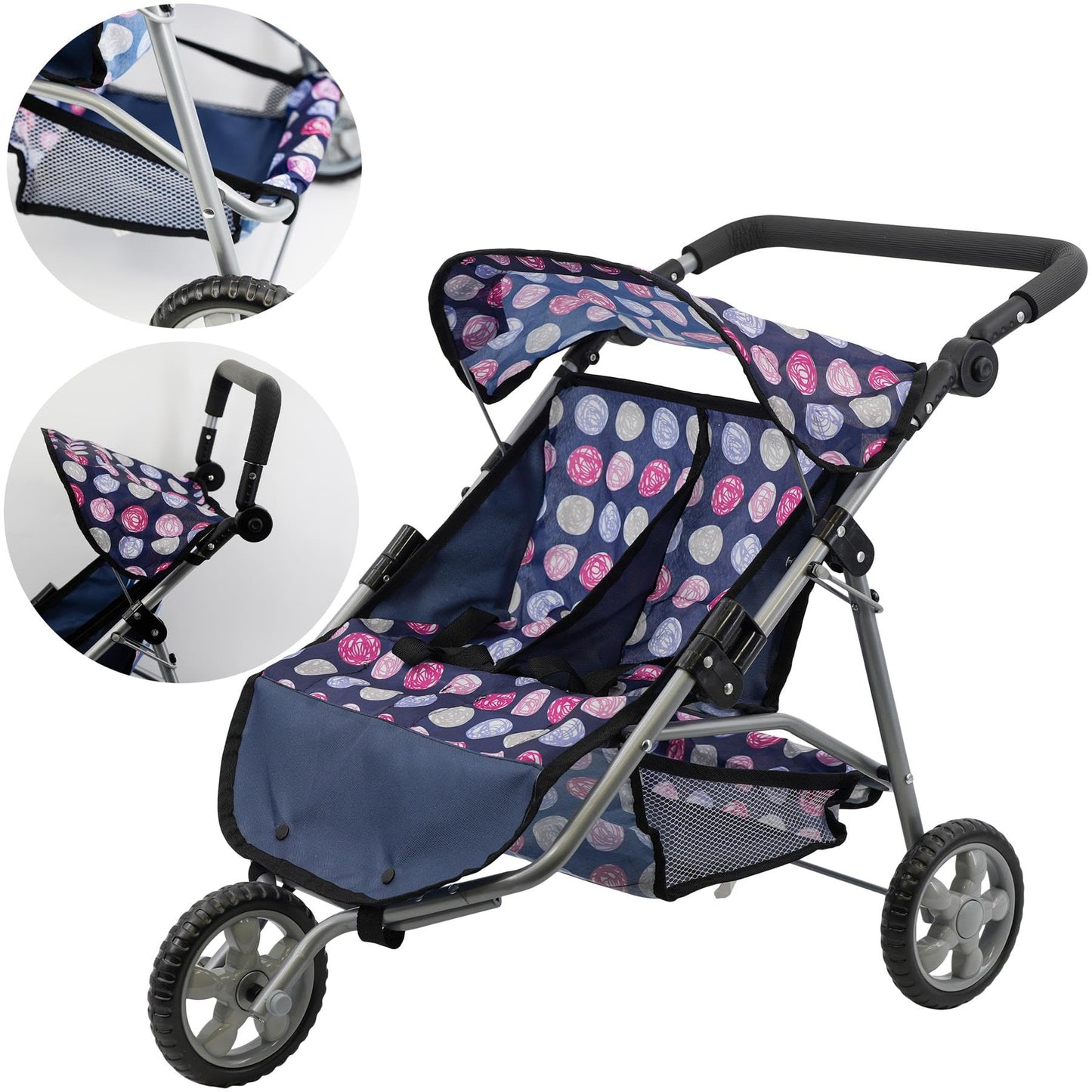 The Magic Toy Shop BiBi Doll Blue Twin Stroller, Ideal Twin Dolls Prams and Pushchairs - Adjustable Canopy and Handle, Under Storage Space, Collapsible - Dolls Double Buggy Toy Pram Double Dolls Pram