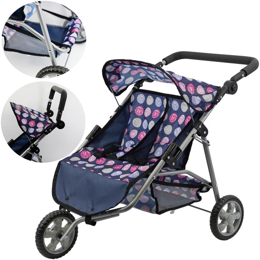 The Magic Toy Shop BiBi Doll Blue Twin Stroller, Ideal Twin Dolls Prams and Pushchairs - Adjustable Canopy and Handle, Under Storage Space, Collapsible - Dolls Double Buggy Toy Pram Double Dolls Pram