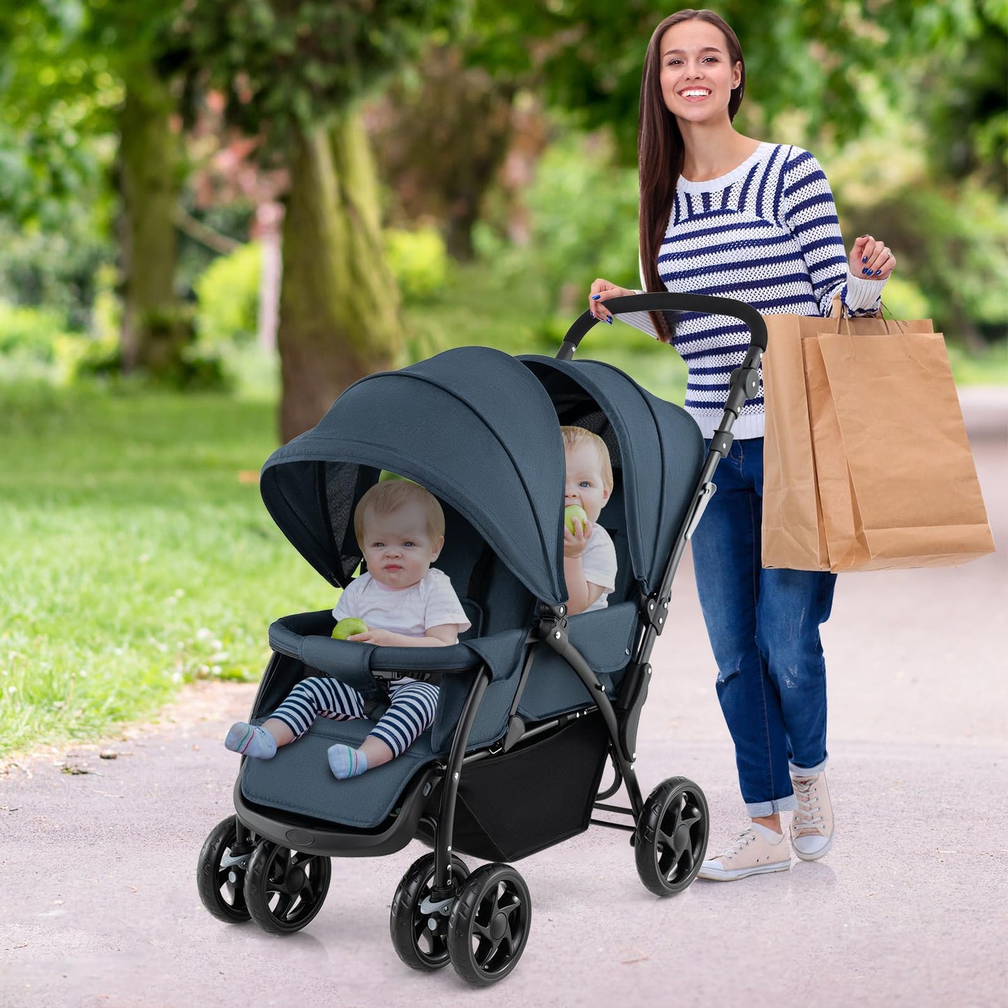 Maxmass Double Seat Baby Stroller, Folding Infant Pushchair with Adjustable Handlebar & Backrest, Storage Basket & Detachable Canopy, Travel Toddler Buggy for Shopping, Hanging Out (Navy Blue)
