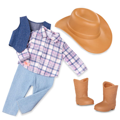 18-inch Our Generation Ashleigh Cowgirl Doll with gray eyes, cowboy hat, tall riding boots, and western-themed outfit.
