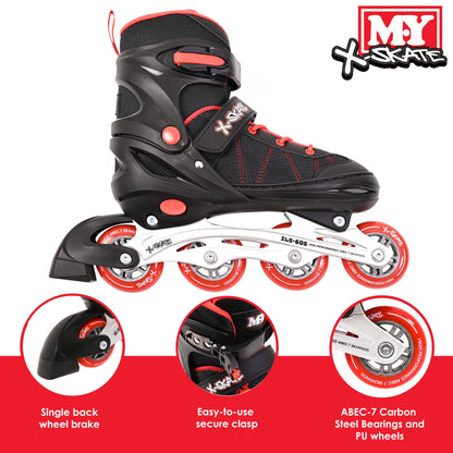 M.Y X-Skate Adjustable Red Inline Roller Skates with Built In Adjusters Kids Roller Boots for Boys & Girls - Medium