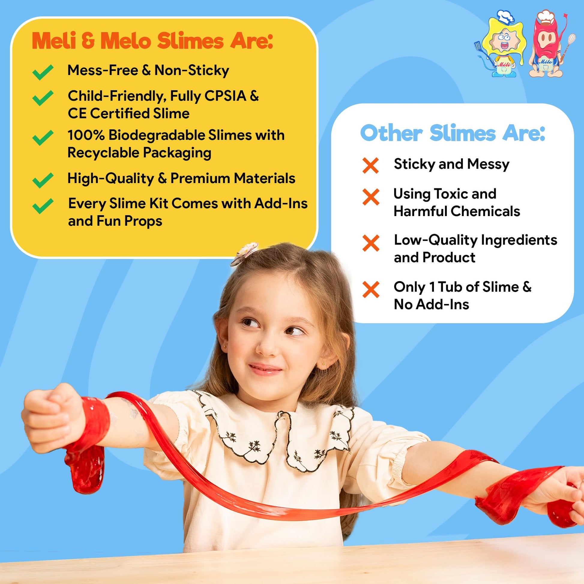 Meli&Melo slime making kit with pizza-themed non-sticky slime, air-dry clay, and arts and crafts supplies for kids ages 4-12.