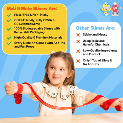 Meli&Melo slime making kit with pizza-themed non-sticky slime, air-dry clay, and arts and crafts supplies for kids ages 4-12.