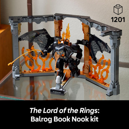 LEGO Icons Balrog Book Nook with Gandalf the Grey minifigure and dragon figure on a decorated bookshelf.