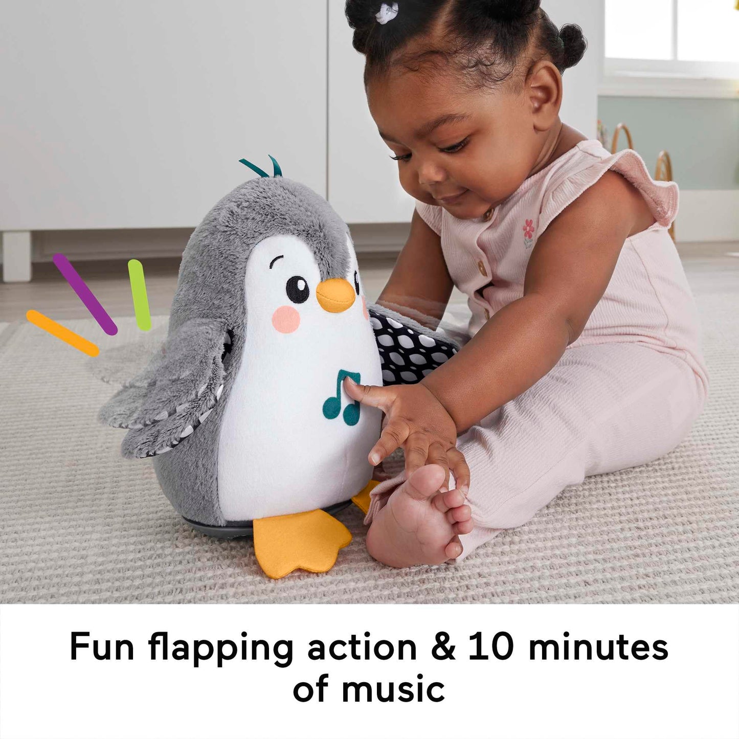 Fisher-Price plush penguin tummy time toy with flaps, wobble motion, and music for newborn sensory play, suitable for ages 0+ months.