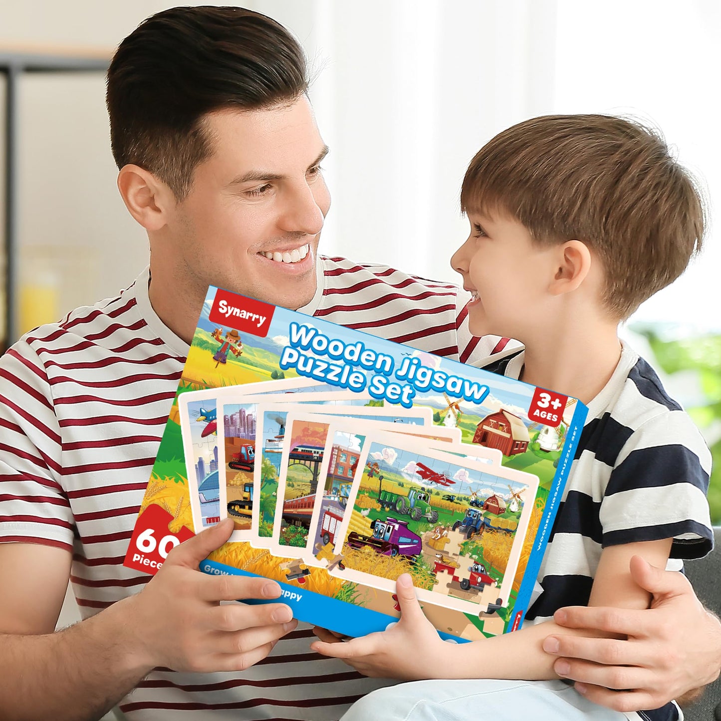 SYNARRY Wooden Vehicle Puzzles for Kids 3 4 5 6 7 8 Year Olds, 6 Packs 60 Piece Children’s Jigsaw Puzzles, Preschool Educational Toys Game Gifts for Toddlers Ages 4-8
