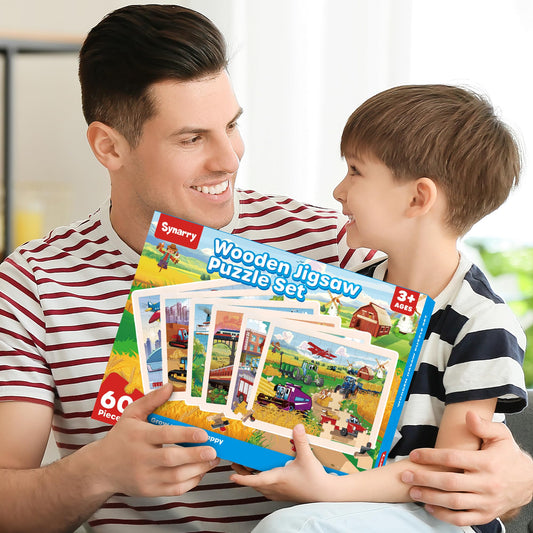 SYNARRY Wooden Vehicle Puzzles for Kids 3 4 5 6 7 8 Year Olds, 6 Packs 60 Piece Children’s Jigsaw Puzzles, Preschool Educational Toys Game Gifts for Toddlers Ages 4-8