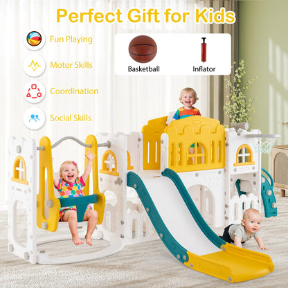 COSTWAY Toddler Swing and Slide Set, 10 in 1 Kids Slide with Climber Ladder, Basketball Hoop, Telescope, Tunnel, Storage Space, Indoor Outdoor Playground for 1+ Years Old (Green + Yellow)