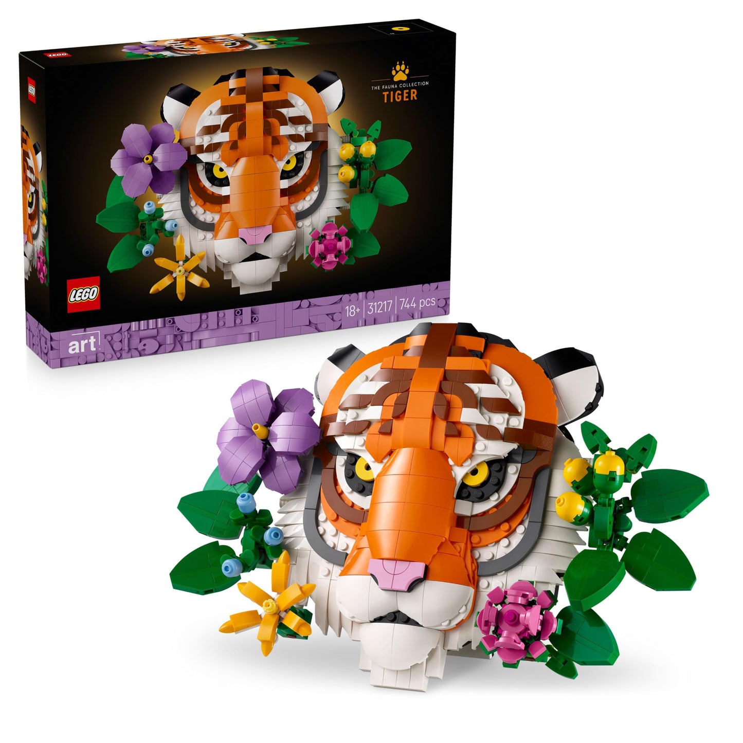 LEGO Art The Fauna Collection Tiger set featuring 3D buildable animal and decorative flowers for home or office decor.