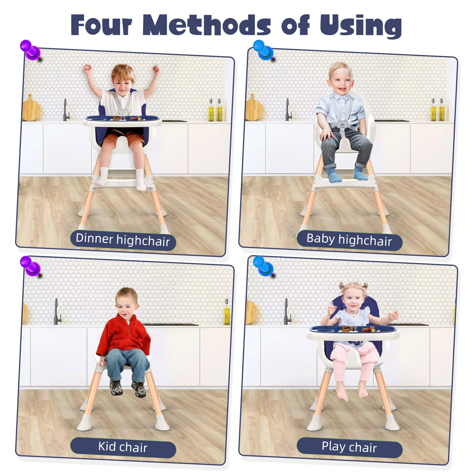 Blue Sweetmirth 4-in-1 baby high chair with adjustable height, removable tray, and ergonomic design for toddlers 6 months to 5 years.