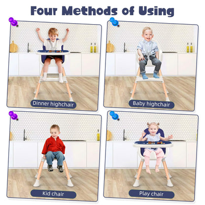 Blue Sweetmirth 4-in-1 baby high chair with adjustable height, removable tray, and ergonomic design for toddlers 6 months to 5 years.