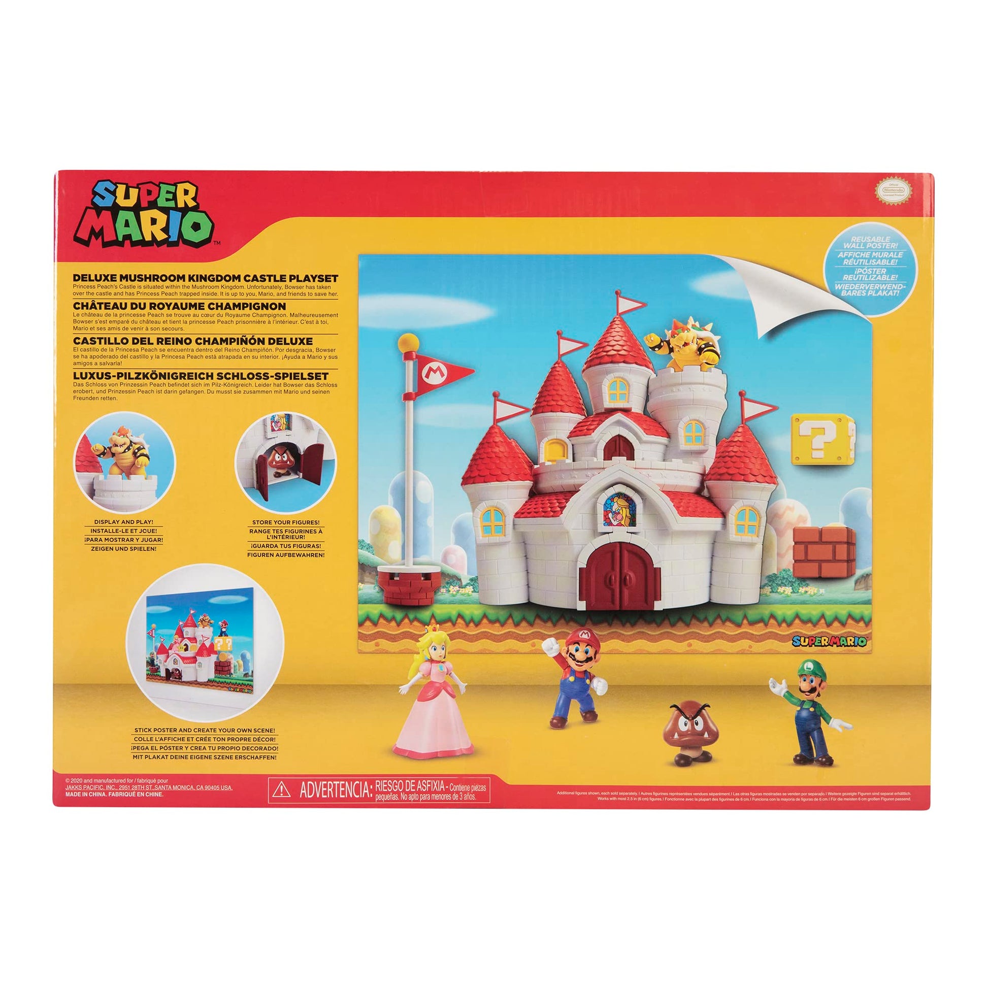Nintendo Mushroom Kingdom Castle playset with Bowser action figure, accessories, and wall poster, officially licensed by Jakks Pacific.