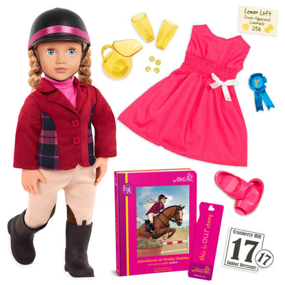 18-inch Our Generation Lily Anna doll in equestrian outfit with horse riding accessories and storybook, poseable and soft.