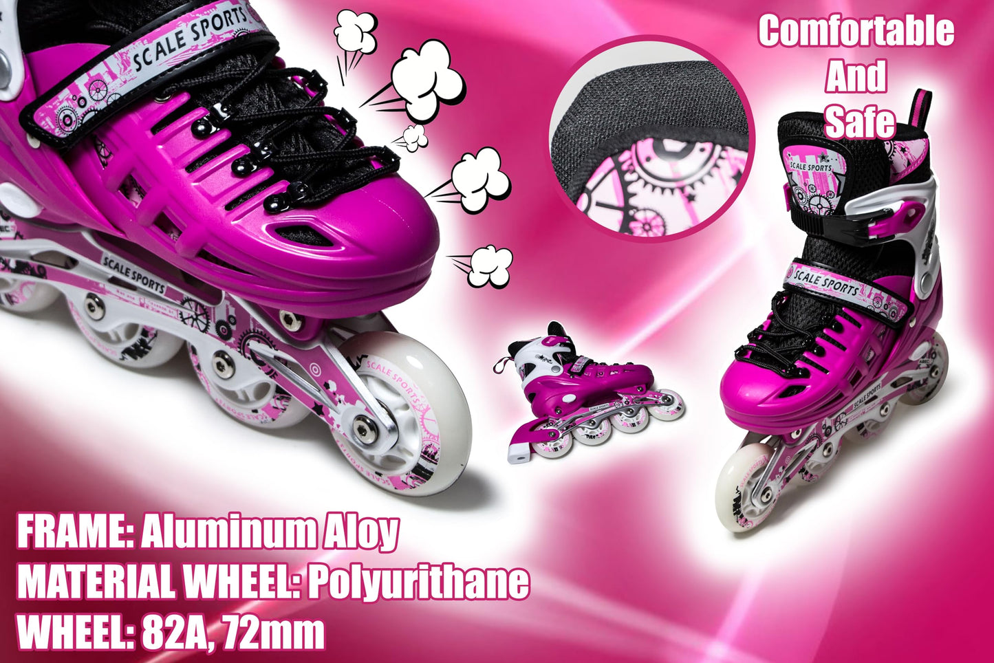 Scale Sports - Adjustuble Roller Skates with light up wheels for children and adults - Kids Inline Roller Skates (pink, UK 5-7 (EU 38-41) L)