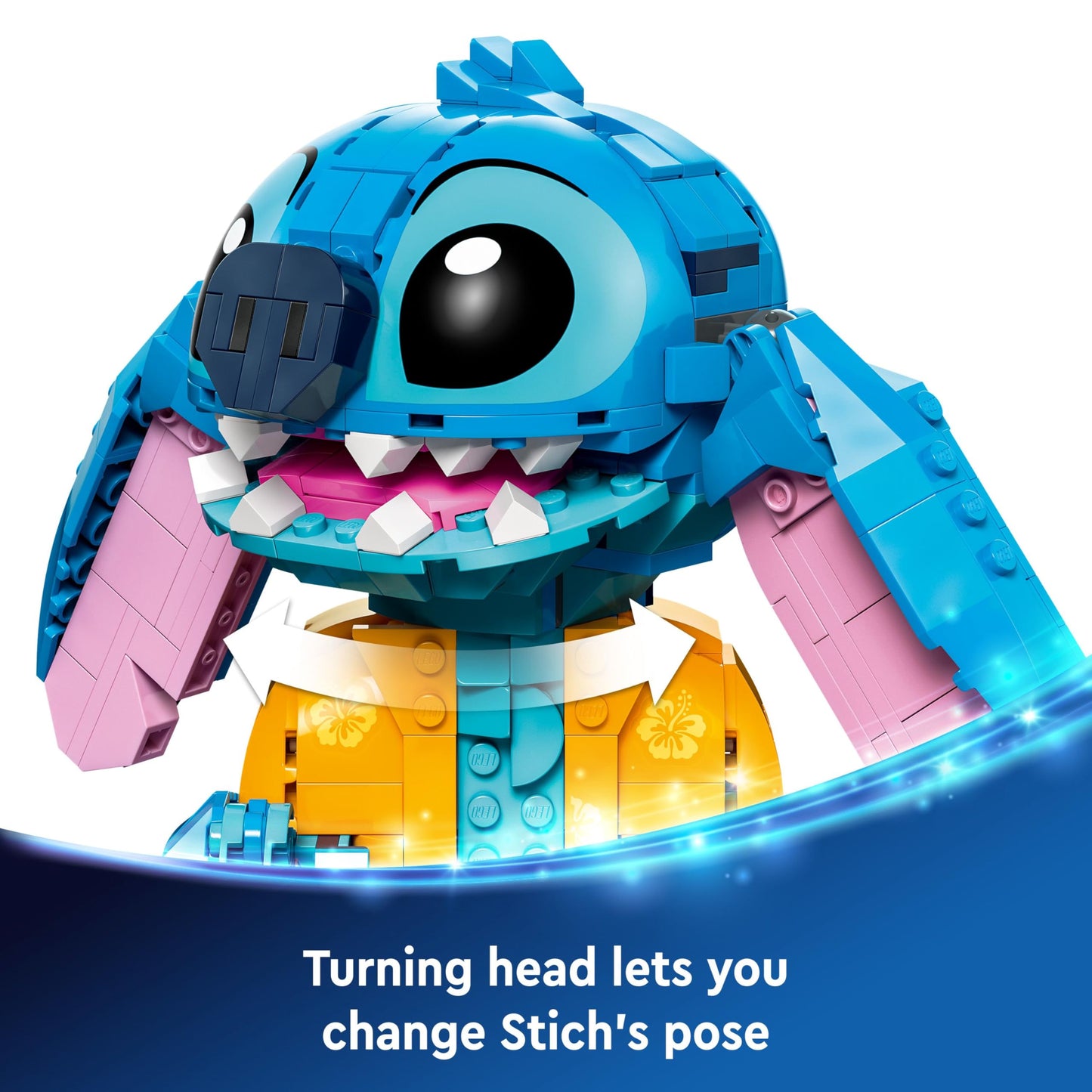 LEGO Disney Stitch toy figure holding an ice-cream cone and a decorative flower, ideal for Lilo & Stitch fans.