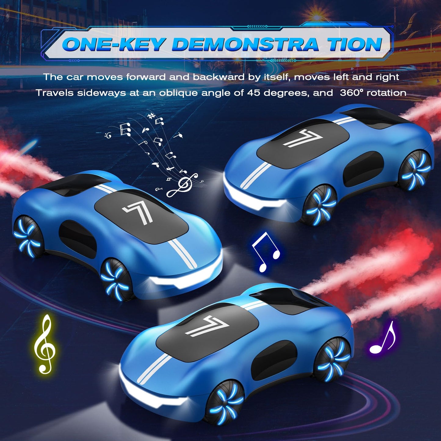 AEROQUEST remote control stunt car for kids, with light spray, sound, and gesture sensing features, suitable for ages 5-8.