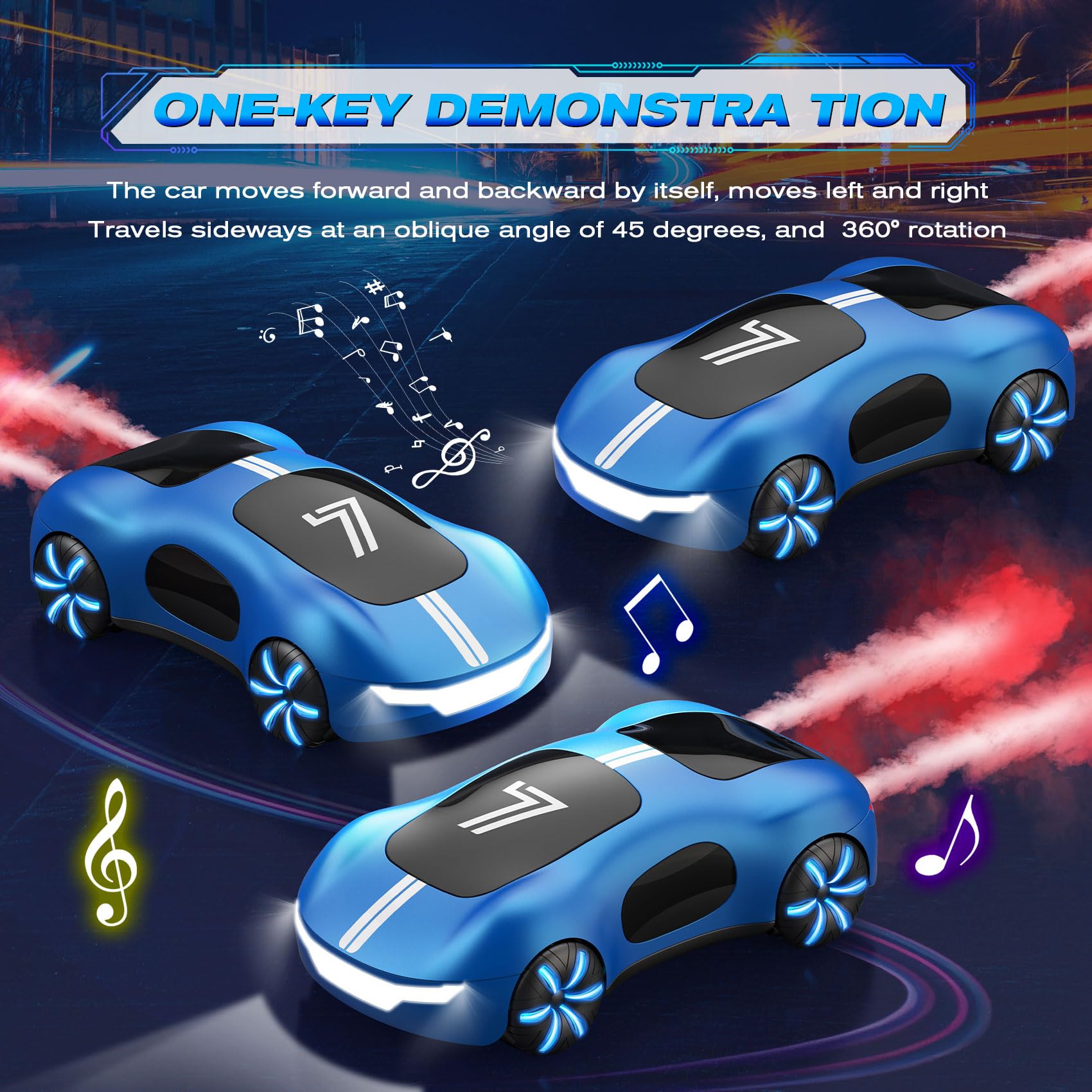 AEROQUEST remote control stunt car for kids, with light spray, sound, and gesture sensing features, suitable for ages 5-8.